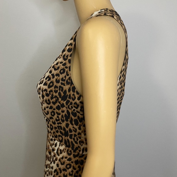 Cheetah print crewneck line sleeveless fit flare asymmetrical ruffled mini dress - Picture 9 of 14